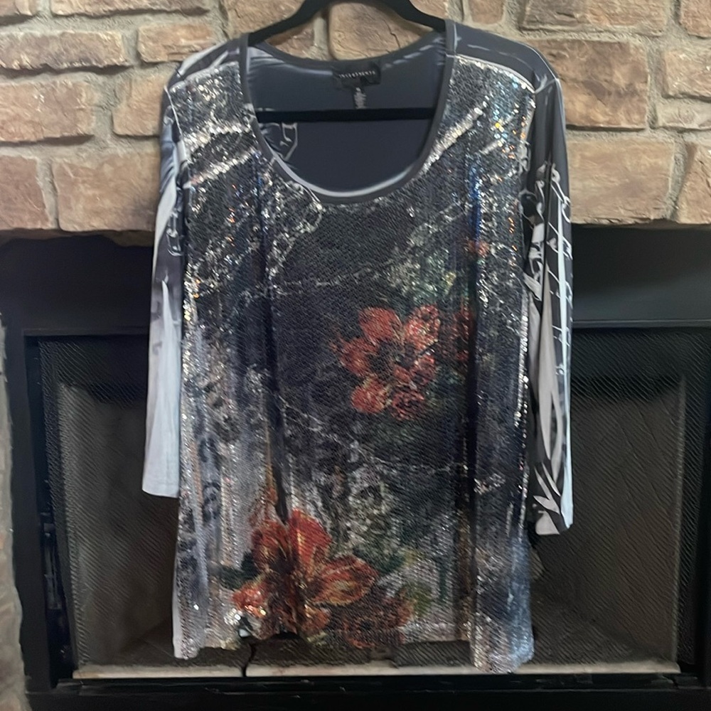 Investments gray, orange and green floral sequin blouse. Size XL